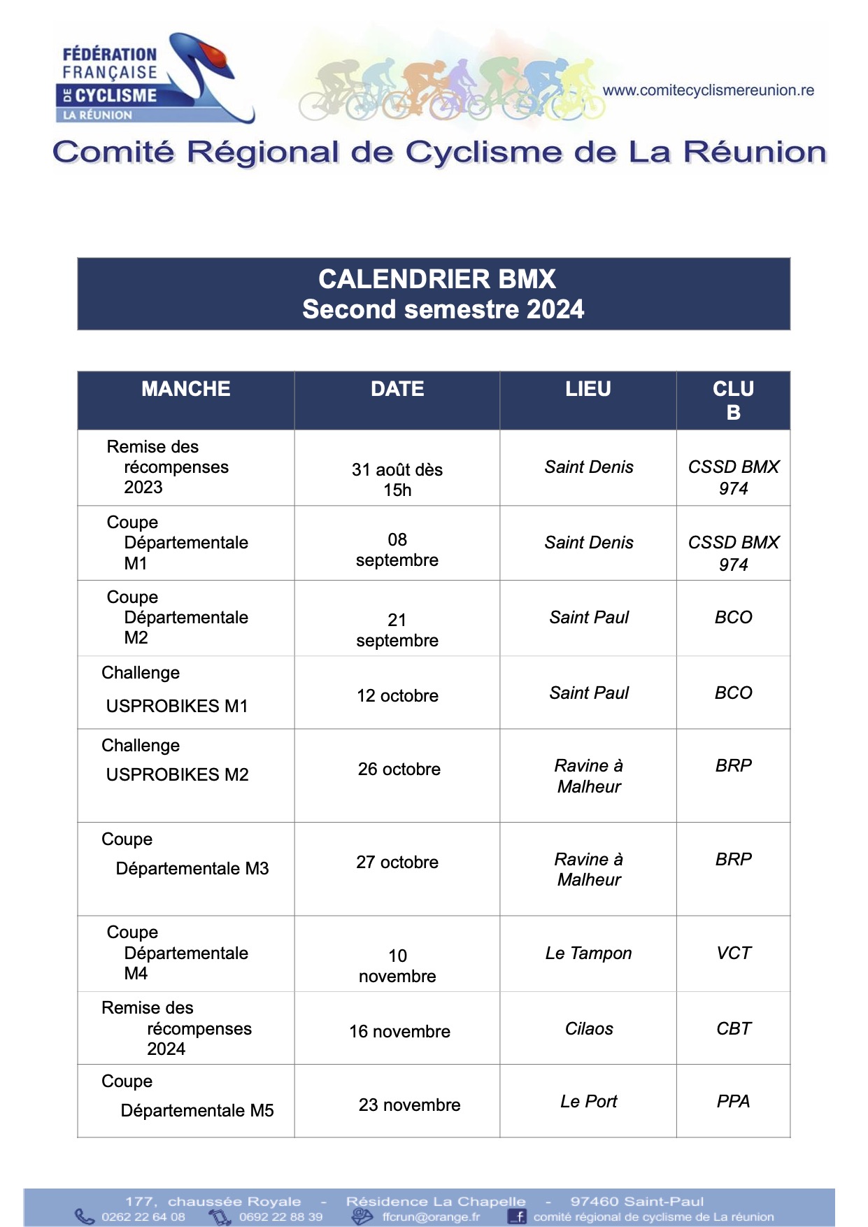 Calendrier du second semestre 2024