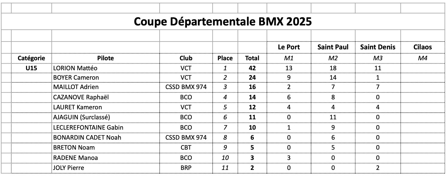 Coupe Dpartementale - classement gnral aprs M3 