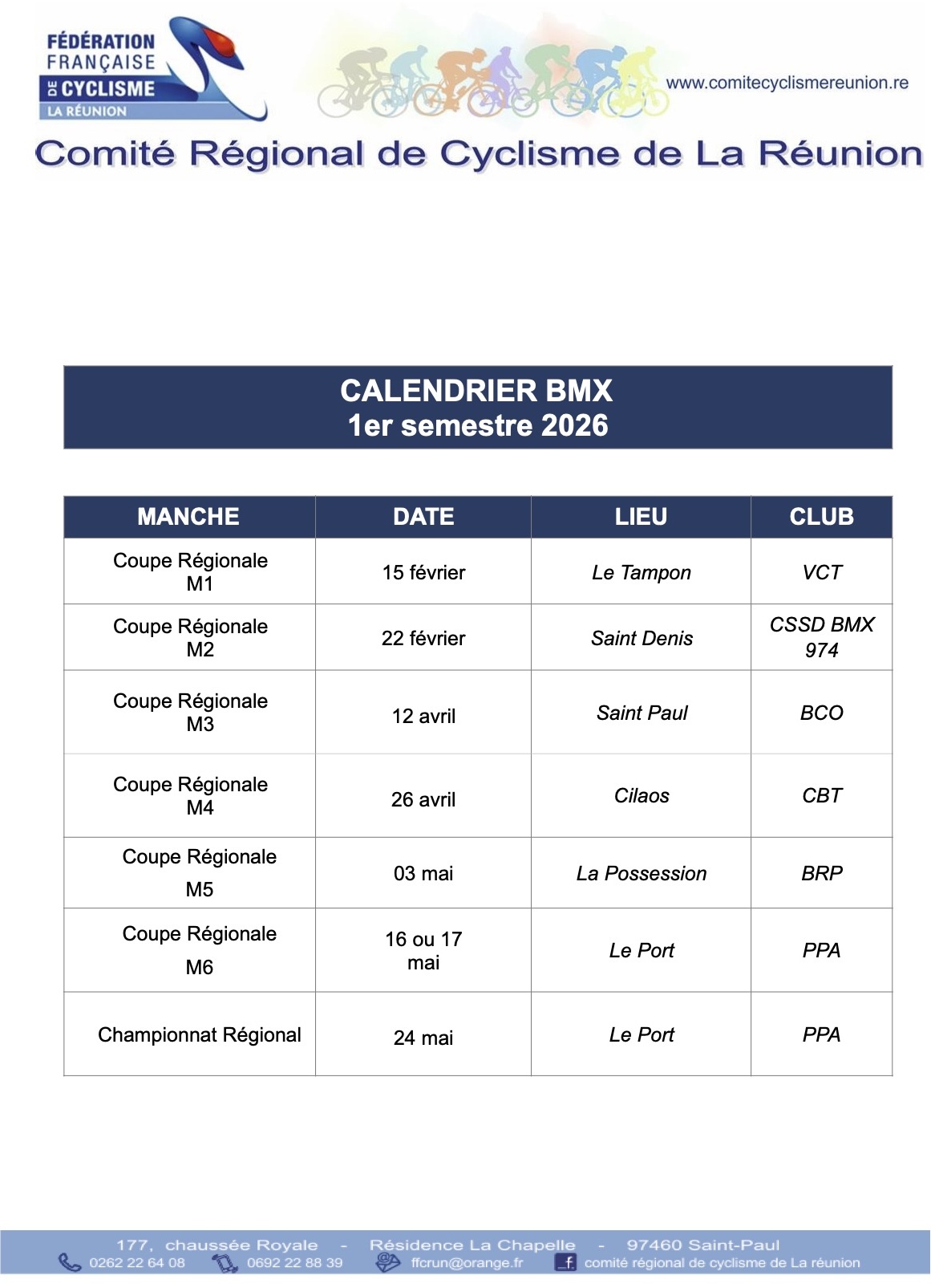 calendrier BMX du premier semestre 2026